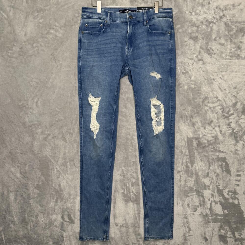 Hollister Jeans Mens 32x30 Blue Advanced Stretch Stacked Skinny Distressed